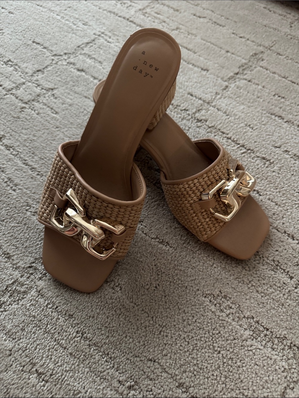 a new day tan woven mules with gold chain hardware